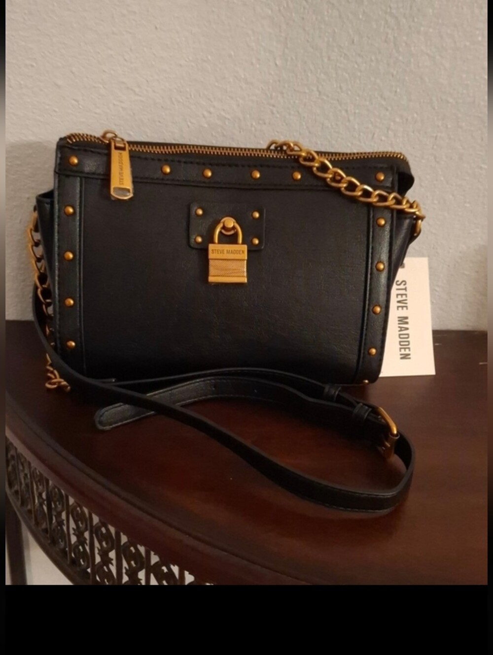 Steve Madden Black Crossbody with Gold Chain & Studs